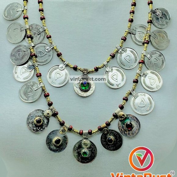 Multi-Strand Coins Necklace, Vintage Coins Necklace With Beaded Chain - Picture 2 of 9